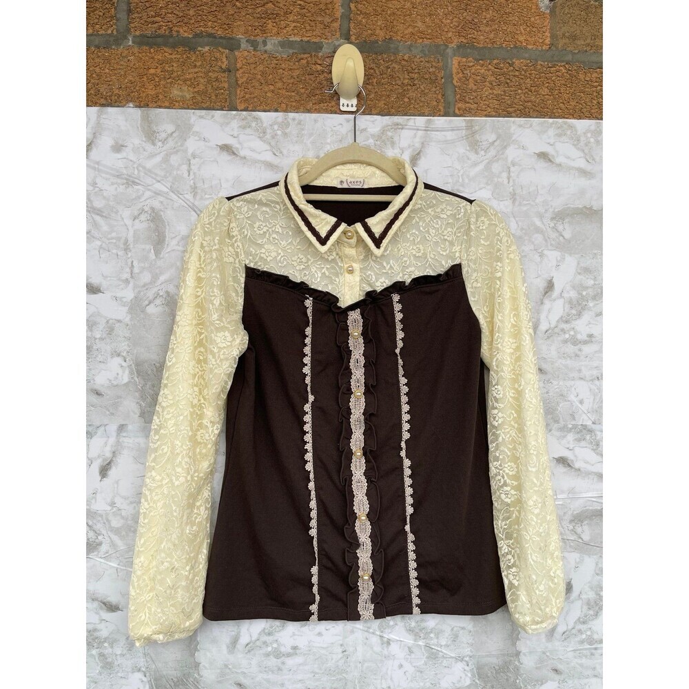 Coquette Core Axes Femme Brown & Cream Lace Blouse, Dainty Pearl buttons medium - Picture 2 of 12